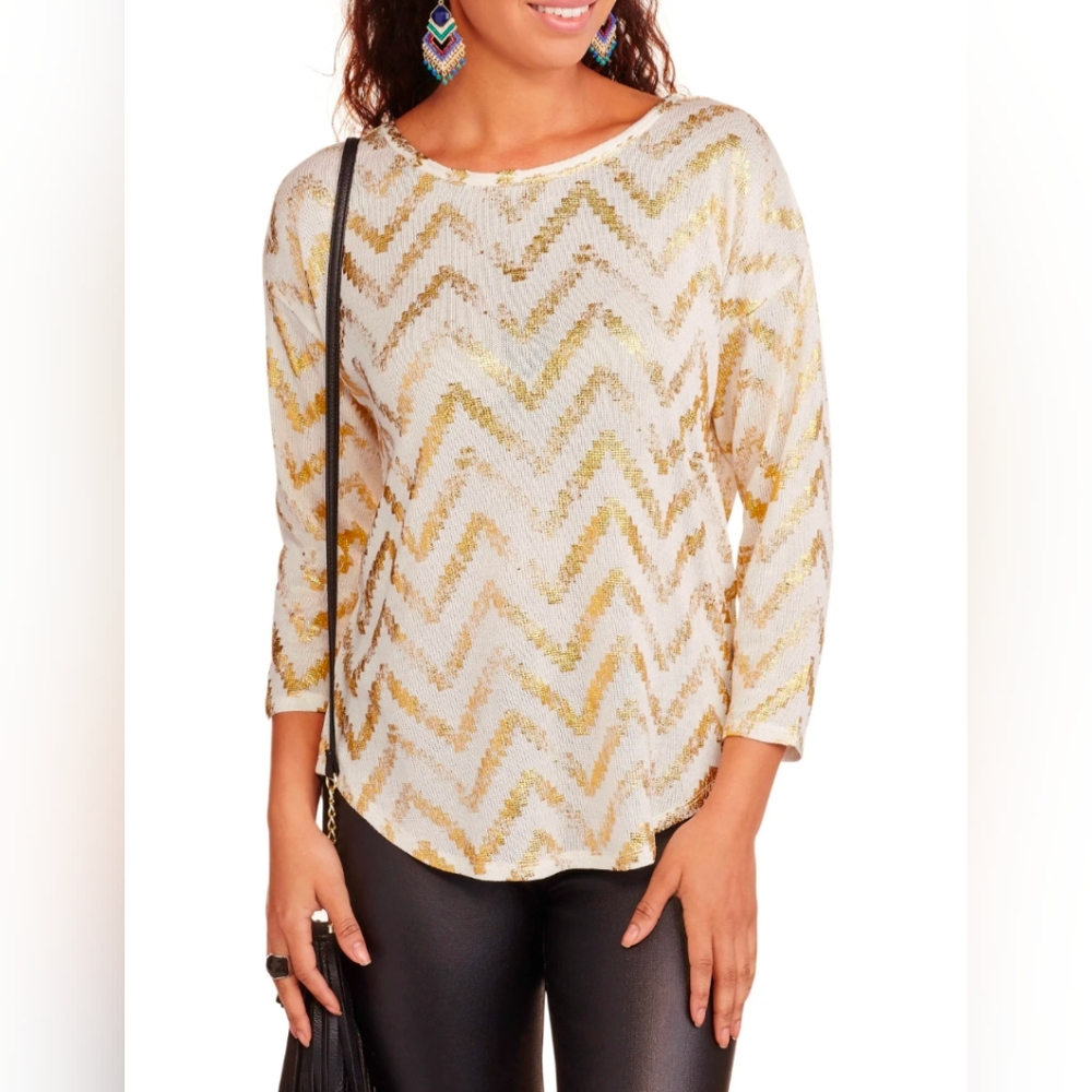 No Boundaries Tunic Top Junior Size XXL Metallic Gold Zig Zag Long Sleeve Party